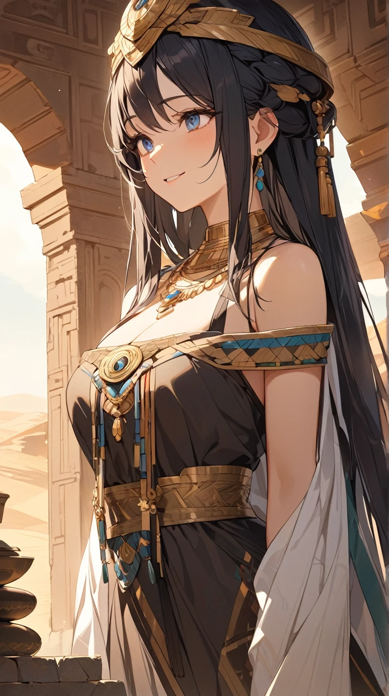 1girl, (masterpiece), best quality, expressive eyes, perfect face, ((arafed woman in a gold ancient egypt costume)), girl in egyptian ruins, egypt themed art, egyptian princess, egyptian art, egyptian, egyptian atmosphere, temples behind her, ((golden ancient egyptian clothes)), ((golden ancient egyptian clothing)), ancient egypt art, blue eyes, black hair, (blue colored inner hair), medium size breast, long hair