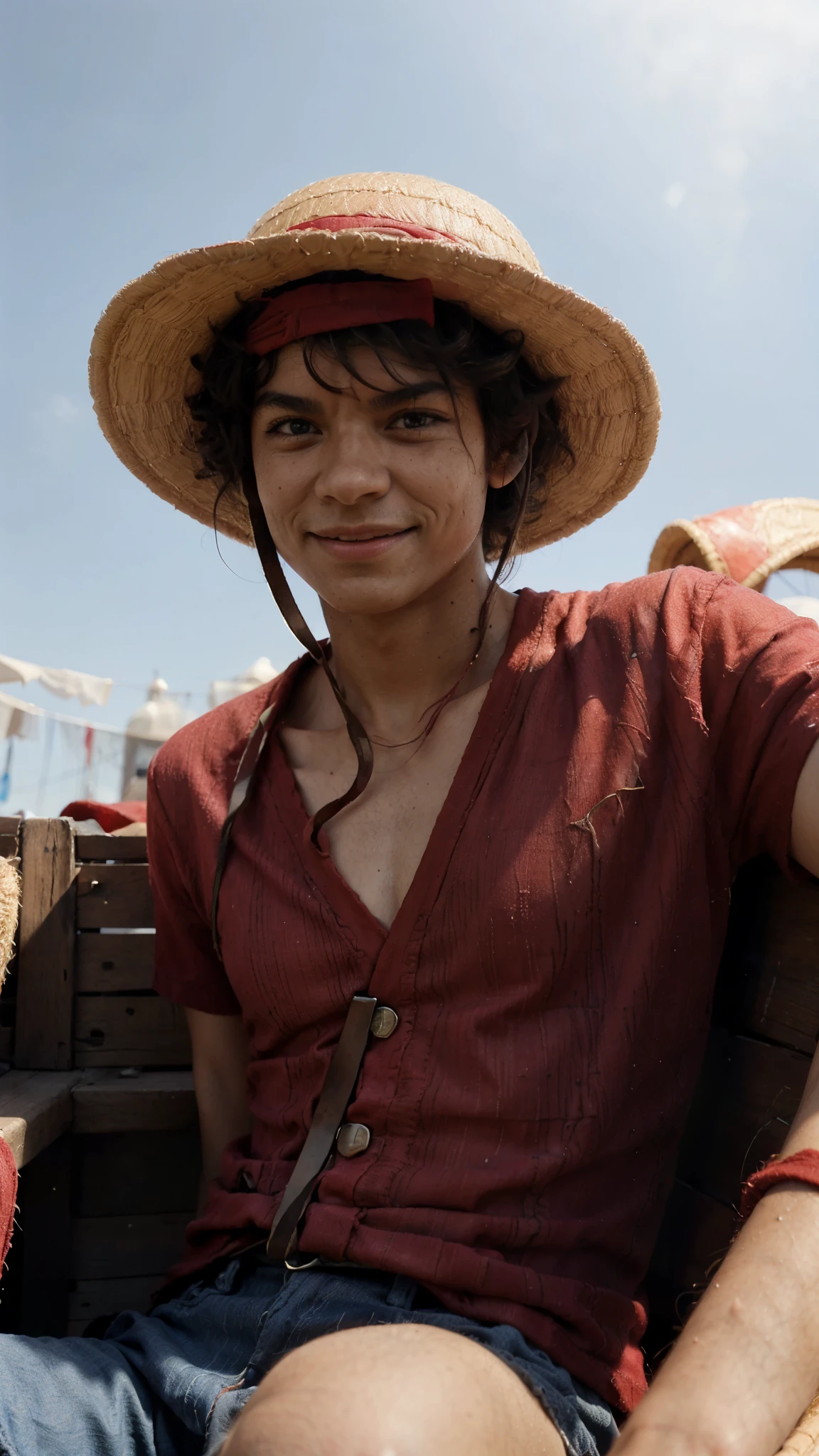 MDLuffy, a man wearing ((a straw hat)) and ((a red shirt)), medieval ship, blurry background, realistic, portrait close-up, looking at viewer, smile