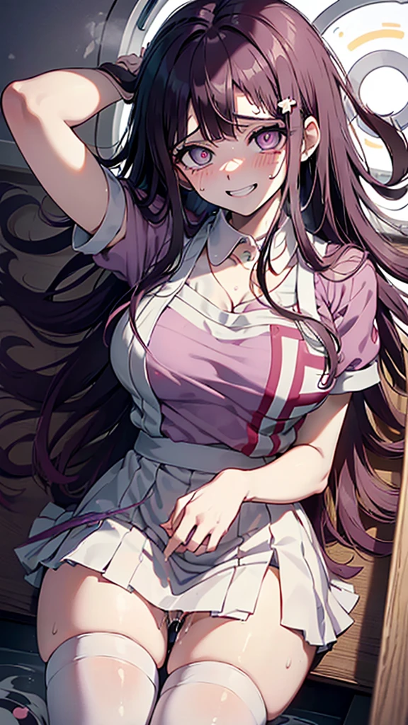 ((mikan tsumiki)),Long Hair,Purple Hair,(Purple eyes:1.1),bangs, blunt bangs,Patsun,((in danganronpa styles:1.4)), shy break (apron), bandageを巻かれた足,bandage,Collared shirt, miniskirt,(pink shirt), pleated skirt, puffy short sleeve, Puff sleeves,skirt,two-tone, White apron, White shirt,break ((nsfw:1.4)),break ((sitting on the bed:1.1)),(dark bed room),((dark room)),Spread your arms,Sleeveless, (Place your arms behind your head),
break (masterpiece:1.2),High resolution, Unity 8K Wallpapers,Highly detailed face,(Perfect hands, Perfect Anatomy),(embraced:1.1),((whirlpool eyes:1.5)),((vulgarity ahegao:1.4)),((messy hair:1.3)),((big eyes:1.5)),(mental broken:1.1),((crazy smile:1.5)),(evel grin:1.5),(aroused:1.4),((ecstasy:1.4)),hands own cheek,(((extremely vulgarity:1.5))),((swirl eyes:1.5)),(disappear:1.2),((white heavy breathing:1.4)),(in heat:1.2),((white thin steam:1.3)),((bold seductive:1.3)),(sweaty:1.2),(orgasm:1.4),((vulgarity face:1.5)),((pupils facing upwards:1.5)),(blush:1.5),(pussy juice:1.2),(slave),(peel the whites of the eyes)