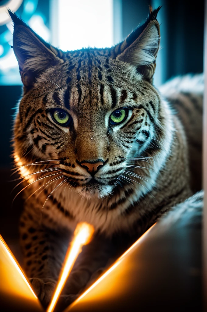 a close-up portrait of a big cat, futuristic sci-fi environment, the lynx is eating a pizza and drinking coca-cola, cinematic composition, vibrant colors, hyper-detailed, photorealistic, 8k, masterpiece, detailed fur, intense eyes, sharp teeth, detailed facial features, intricate patterns, dramatic lighting, complex background, advanced technology, neon lights, sleek metallic surfaces, dynamic pose, depth of field, cinematic framing, vivid textures, glossy reflections, volumetric lighting, dramatic shadows