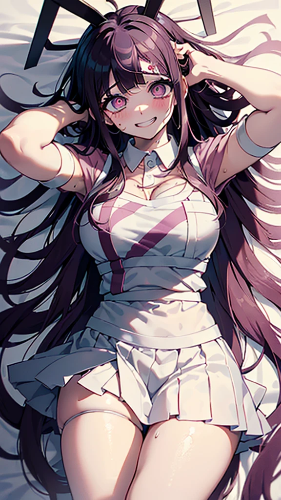 ((mikan tsumiki)),Long Hair,Purple Hair,(Purple eyes:1.1),bangs, blunt bangs,Patsun,((in danganronpa styles:1.4)), shy break (apron), bandageを巻かれた足,bandage,Collared shirt, miniskirt,(pink shirt), pleated skirt, puffy short sleeve, Puff sleeves,skirt,two-tone, White apron, White shirt,break ((nsfw:1.4)),break ((sitting on the bed:1.1)),(dark bed room),((dark room)),Spread your arms,Sleeveless, (Place your arms behind your head),
break (masterpiece:1.2),High resolution, Unity 8K Wallpapers,Highly detailed face,(Perfect hands, Perfect Anatomy),(embraced:1.1),((whirlpool eyes:1.5)),((vulgarity ahegao:1.4)),((messy hair:1.3)),((big eyes:1.5)),(mental broken:1.1),((crazy smile:1.5)),(evel grin:1.5),(aroused:1.4),((ecstasy:1.4)),hands own cheek,(((extremely vulgarity:1.5))),((swirl eyes:1.5)),(disappear:1.2),((white heavy breathing:1.4)),(in heat:1.2),((white thin steam:1.3)),((bold seductive:1.3)),(sweaty:1.2),(orgasm:1.4),((vulgarity face:1.5)),((pupils facing upwards:1.5)),(blush:1.5),(pussy juice:1.2),(slave),(peel the whites of the eyes:1.3)