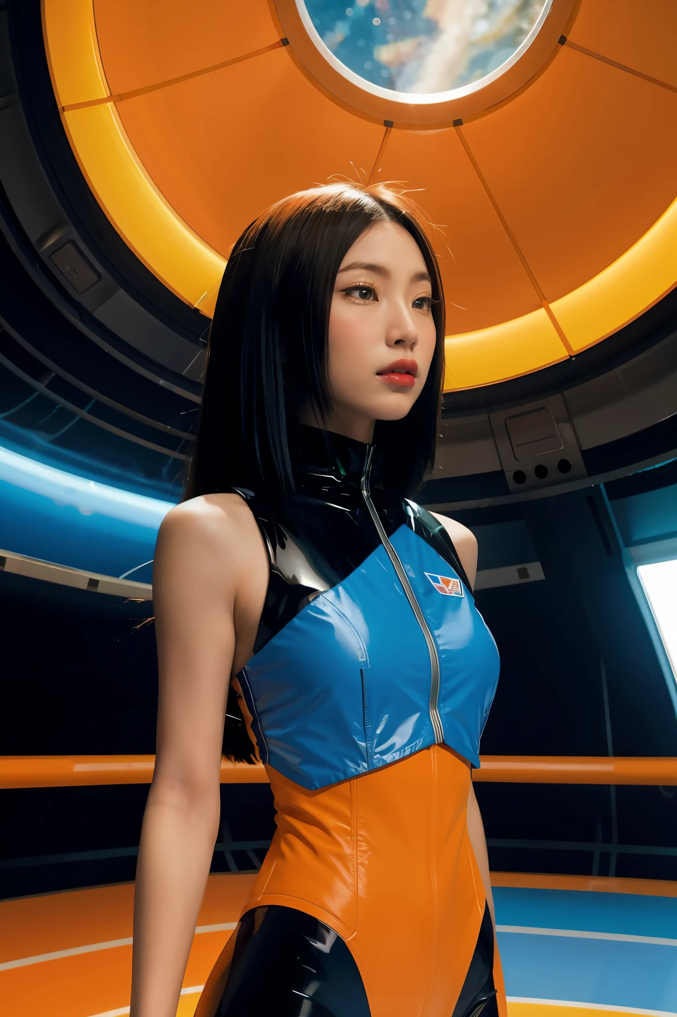 arafed image of a woman in a futuristic suit with a spaceship in the background, movie art, in front of an orange background, inspired by Robert McGinnis, female protagonist, megastructure in the background, portrait of an ai astronaut, astronauts, an astronaut, portrait of a astronaut skeletor, perfect android girl, frank franzzeta and sakimichan  