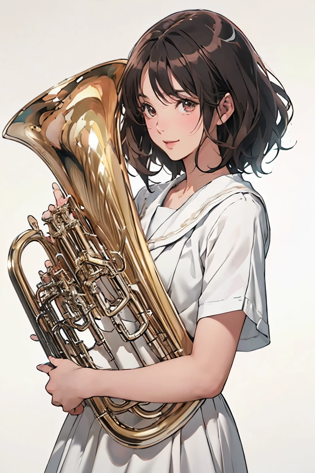 (1 person、Beautiful woman、)、(Playing the Euphonium)、(whole bodyを見せる)、(whole body、Natural standing posture、)、 (Detailed depiction of a beautiful face)、Smiling Kindly、Black Hair、French Bob、(Small breasts)、Slim figure、( White short-sleeved sailor dress:1.2、White long skirt)、、(Simple Background)、(Simple Background)、(Simple Background)、Blur the background、Sargent Style Watercolor、(Best Quality、masterpiece、High resolution)、4K Anime Art、(Character Concept Art)、