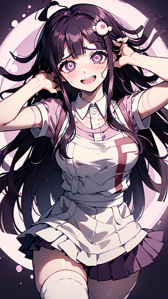 ((mikan tsumiki)),Long Hair,Purple Hair,(Purple eyes:1.1),bangs, blunt bangs,Patsun,((in danganronpa styles:1.4)), shy break (apron), bandageを巻かれた足,bandage,Collared shirt, miniskirt,(pink shirt), pleated skirt, puffy short sleeve, Puff sleeves,skirt,two-tone, White apron, White shirt,break ((nsfw:1.4)),break ((sitting on the bed:1.1)),(dark bed room),((dark room)),Spread your arms,Sleeveless, (Place your arms behind your head),
break (masterpiece:1.2),High resolution, Unity 8K Wallpapers,Highly detailed face,(Perfect hands, Perfect Anatomy),(embraced:1.1),((whirlpool eyes:1.5)),((vulgarity ahegao:1.4)),((messy hair:1.3)),((big eyes:1.5)),(mental broken:1.1),((crazy smile:1.5)),(evel grin:1.5),(aroused:1.3),((ecstasy:1.3)),hands own cheek,((((extremely vulgarity:1.5)))),((swirl eyes:1.5)),(disappear:1.1),((white heavy breathing:1.4)),(in heat:1.2),((white thin steam:1.3)),((bold seductive:1.3)),(sweaty:1.2),(orgasm:1.3),((vulgarity face:1.5)),((pupils facing upwards:1.5)),(blush:1.5),(pussy juice:1.2),(slave),(peel the whites of the eyes:1.4),(pink glowing eyes:1.2),((Eyes with many circles:1.3))