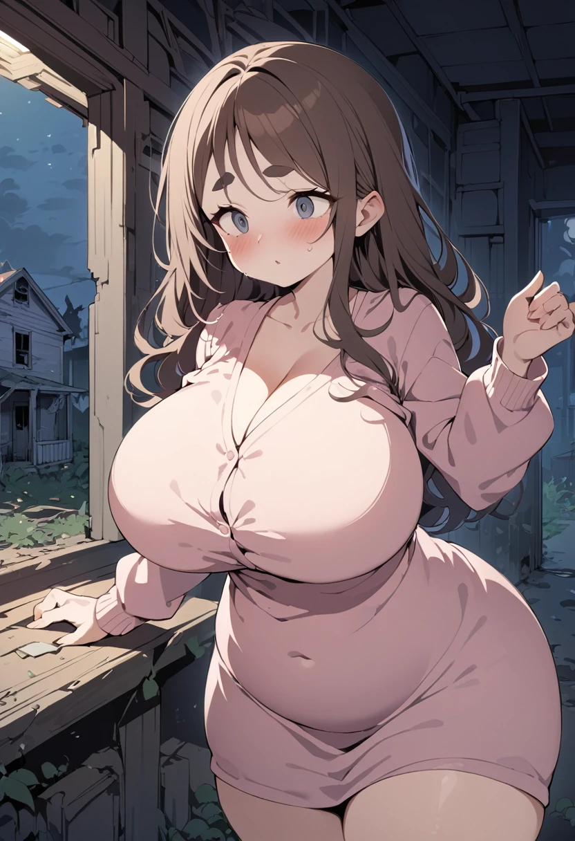 masterpiece, Highest quality, 8K, (young woman, human, Looking forward), (Big Breasts, Plump, Brown Hair, Wavy semi-long, Pale pink dress, cardigan, Droopy eyes, Thick eyebrows), midnight, Abandoned house, indoor, Horror