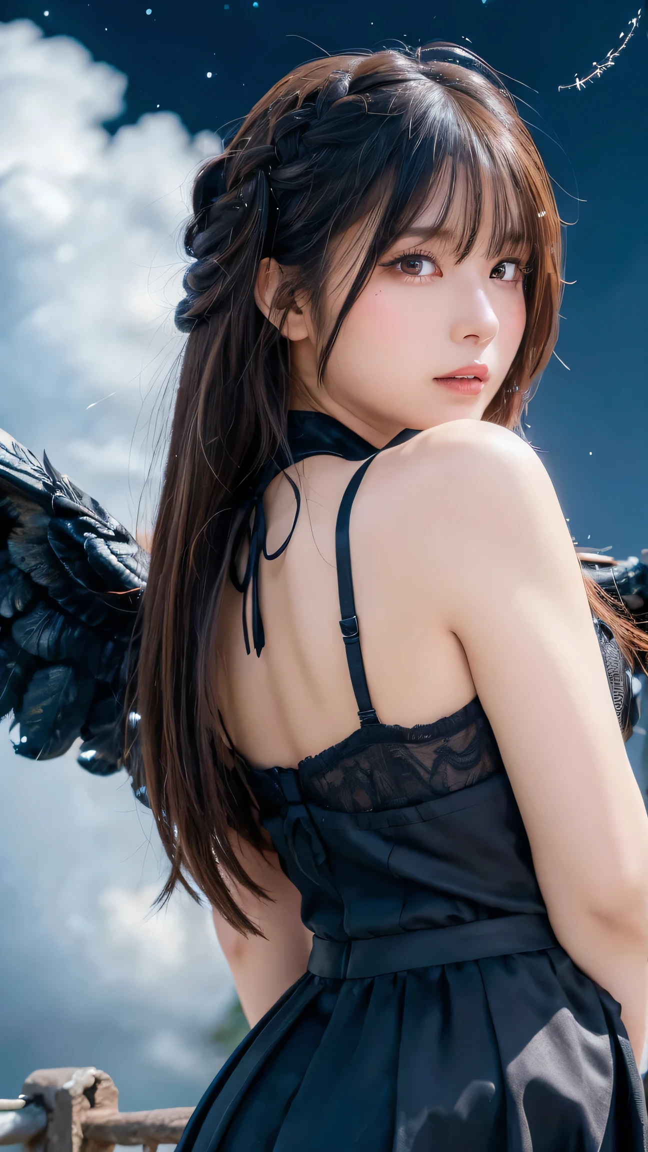 muste piece, best quality, illustration, Super detailed, fine details, High resolution, 8k,wall paper, perfect dynamic composition,(Details High quality, realistic depiction of eyes:1.3), (Fallen Angel Costume:1.3), (Emphasize body line:1.1), very long hair, black hair color, Big Natural Color Lip, bold sexy pose, (perfect body shape), huge breasts, crying a little、cold gaze, cute type, Ultra HD Hair, Ultra high definition beauty face、Ultra HD Hair、Ultra-high definition sparkling eyes、(close up of face:1.1)、Three-braided half-up hairstyle、Brown eyes、Facing forward、Symmetrical、Black feathers fluttering、Falling black feathers、(Night Sky:1.5)、Small breasts、moonlight、Backlight、(semen:1.5), (over the cloud:1.3)、Off the shoulder、Depth of written boundary、70mm, f1.8, Black underwear、