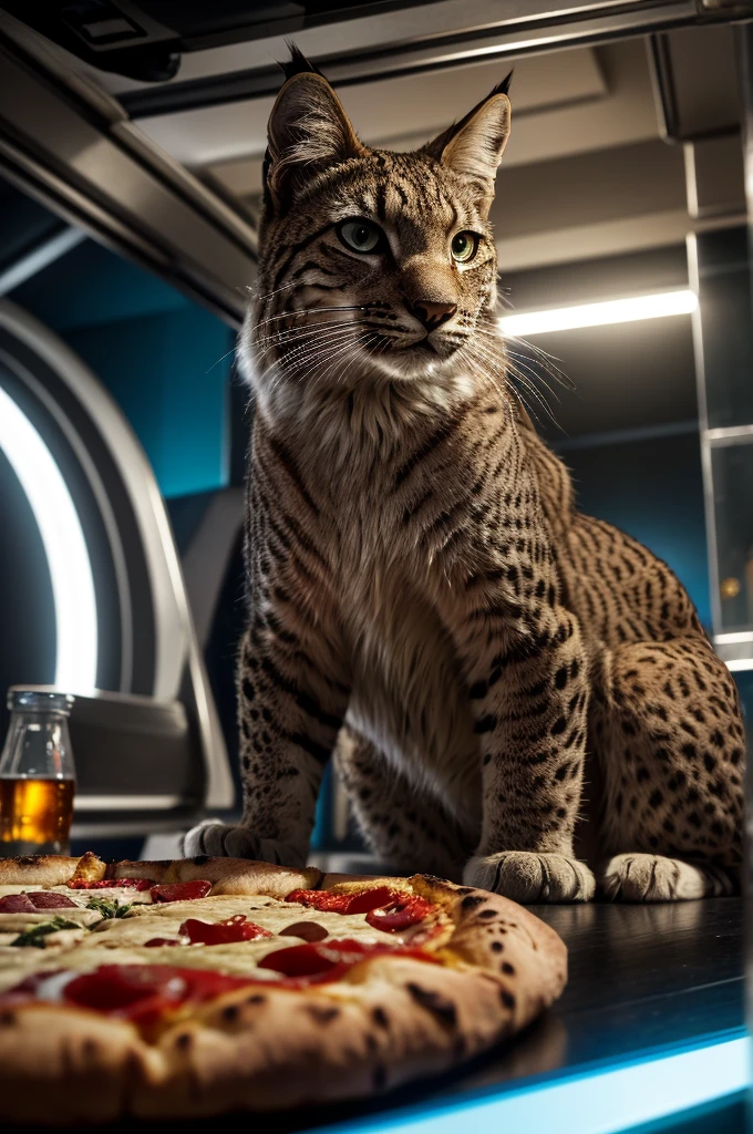 a close-up portrait of a big cat, futuristic sci-fi environment, the lynx is eating a pizza and drinking coca-cola, cinematic composition, vibrant colors, hyper-detailed, photorealistic, 8k, masterpiece, detailed fur, intense eyes, sharp teeth, detailed facial features, intricate patterns, dramatic lighting, complex background, advanced technology, neon lights, sleek metallic surfaces, dynamic pose, depth of field, cinematic framing, vivid textures, glossy reflections, volumetric lighting, dramatic shadows