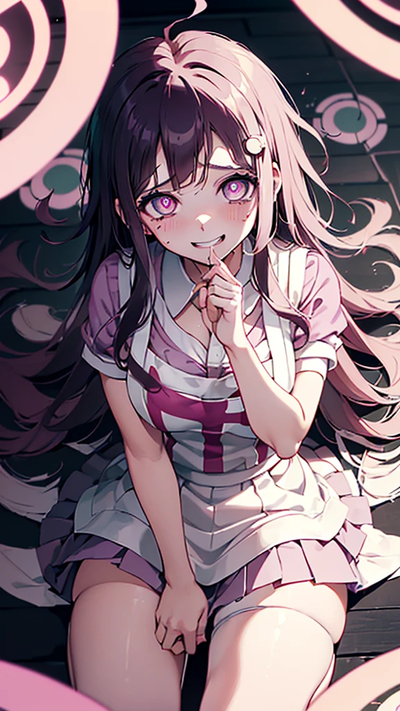 ((mikan tsumiki)),Long Hair,Purple Hair,(Purple eyes:1.1),bangs, blunt bangs,Patsun,((in danganronpa styles:1.4)), shy break (apron), bandageを巻かれた足,bandage,Collared shirt, miniskirt,(pink shirt), pleated skirt, puffy short sleeve, Puff sleeves,skirt,two-tone, White apron, White shirt,break ((nsfw:1.4)),break ((sitting on the bed:1.1)),(dark bed room),((dark room)),Spread your arms,Sleeveless, (Place your arms behind your head),
break (masterpiece:1.1),((High resolution)), Unity 8K Wallpapers,Highly detailed face,(Perfect hands, Perfect Anatomy),embraced,((whirlpool eyes:1.5)),((vulgarity ahegao:1.4)),((messy hair:1.3)),((big eyes:1.5)),mental broken,((crazy smile:1.5)),(evel grin smile:1.5),(aroused),((ecstasy:1.4)),hands own cheek,((((extremely vulgarity:1.5)))),(disappear:1.1),((white heavy breathing:1.5)),(in heat),((white thin steam:1.3)),((bold seductive:1.3)),(sweaty:1.2),(orgasm:1.3),((vulgarity face:1.5)),((pupils facing upwards:1.5)),(blush:1.5),(pussy juice:1.2),(slave),(peel the whites of the eyes:1.4),(pink glowing eyes:1.2),((Eyes with many circles:1.4)),(drooling:1.3),(open leg:1.3)