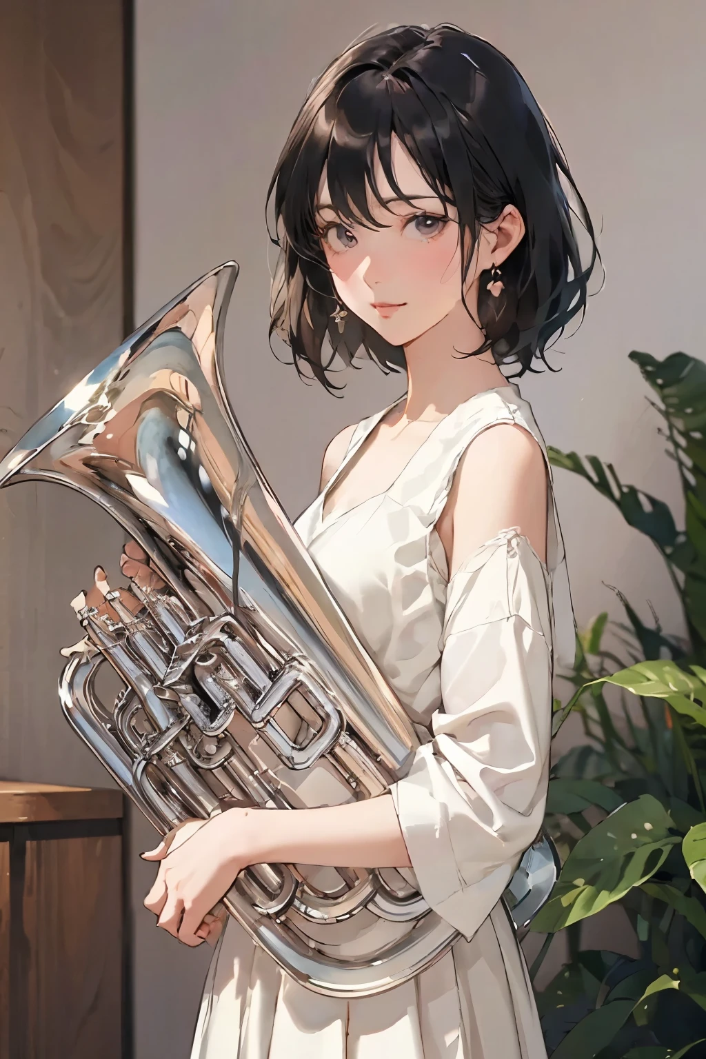 (1 person、Beautiful woman、)、(Playing the Euphonium:1.2)、(whole bodyを見せる)、(whole body、Natural standing posture、)、 (Detailed depiction of a beautiful face)、Smiling Kindly、Black Hair、French Bob、(Small breasts)、Slim figure、( White short-sleeved sailor dress:1.2、White long skirt)、、(Simple Background)、(Simple Background)、Blur the background、Sargent Style Watercolor、(Best Quality、masterpiece、High resolution)、4K Anime Art、(Character Concept Art)、wallpaper、