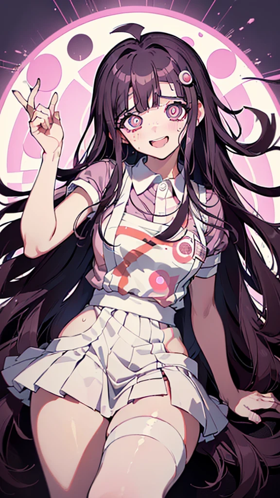 ((mikan tsumiki)),Long Hair,Purple Hair,(Purple eyes:1.1),bangs, blunt bangs,Patsun,((in danganronpa styles:1.4)), shy break (apron), bandageを巻かれた足,bandage,Collared shirt, miniskirt,(pink shirt), pleated skirt, puffy short sleeve, Puff sleeves,skirt,two-tone, White apron, White shirt,break ((nsfw:1.4)),break ((sitting on the bed:1.1)),(dark bed room),((dark room)),Spread your arms,Sleeveless, (Place your arms behind your head),
break (masterpiece:1.1),((High resolution)), Unity 8K Wallpapers,Highly detailed face,(Perfect hands, Perfect Anatomy),embraced,((whirlpool eyes:1.5)),((vulgarity ahegao:1.4)),((messy hair:1.3)),((big eyes:1.5)),mental broken,((crazy smile:1.5)),(evel grin smile:1.5),(aroused),((ecstasy:1.4)),hands own cheek,((((extremely vulgarity:1.5)))),(disappear:1.1),((white heavy breathing:1.5)),(in heat),((white thin steam:1.3)),((bold seductive:1.3)),(sweaty:1.2),(orgasm:1.5),((vulgarity face:1.5)),((pupils facing upwards:1.5)),(blush:1.5),(pussy juice:1.2),(slave),(peel the whites of the eyes:1.5),(pink glowing eyes:1.1),((pupils with many circles:1.5)),(drooling:1.3),(open leg:1.3)