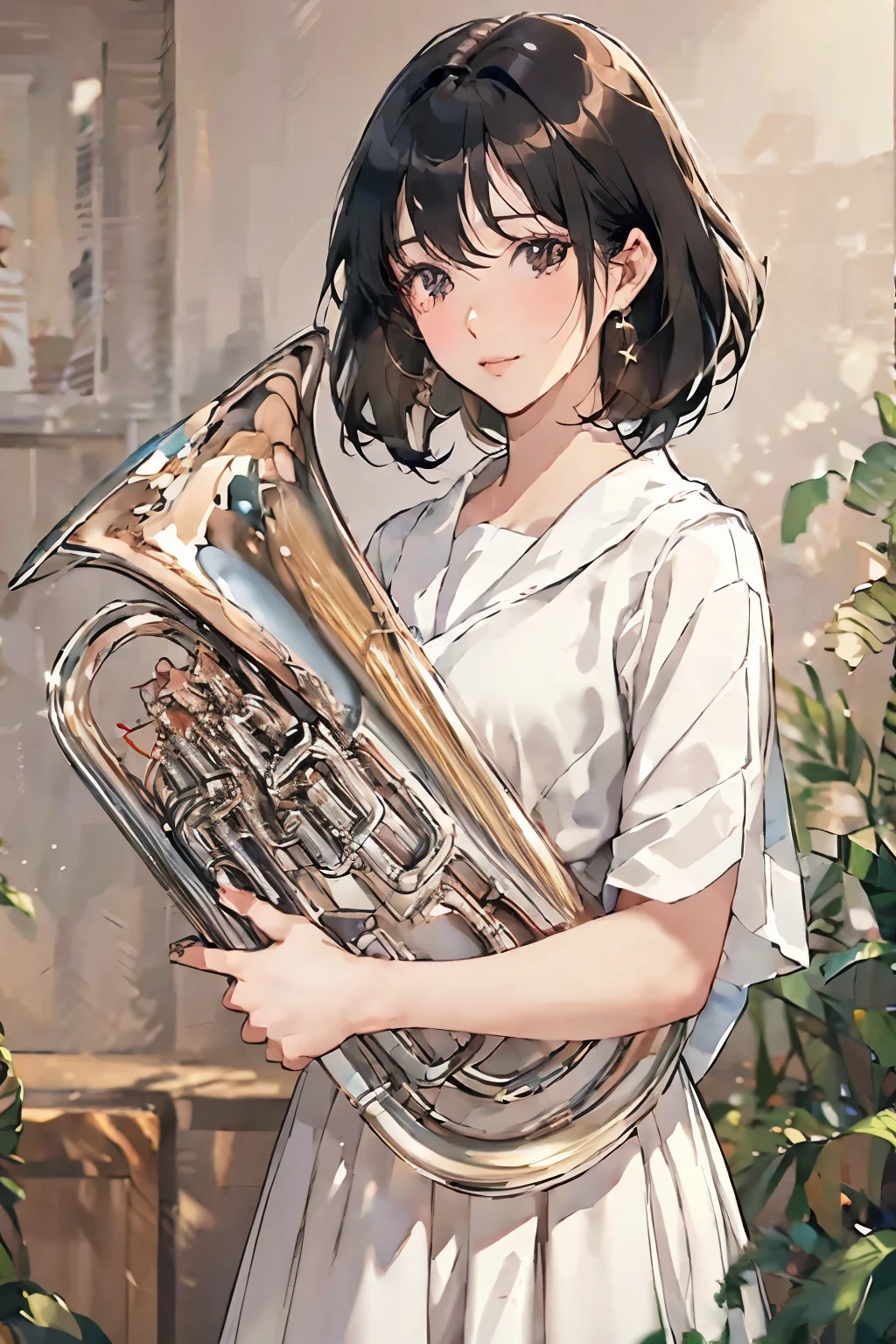 (1 person、Beautiful woman、)、(Playing the Euphonium:1.2)、(whole bodyを見せる)、(whole body、Natural standing posture、)、 (Detailed depiction of a beautiful face)、Smiling Kindly、Black Hair、French Bob、(Small breasts)、Slim figure、( White short-sleeved sailor dress:1.2、White long skirt)、、(Simple Background)、(Simple Background)、Blur the background、Sargent Style Watercolor、(Best Quality、masterpiece、High resolution)、4K Anime Art、(Character Concept Art)、wallpaper、