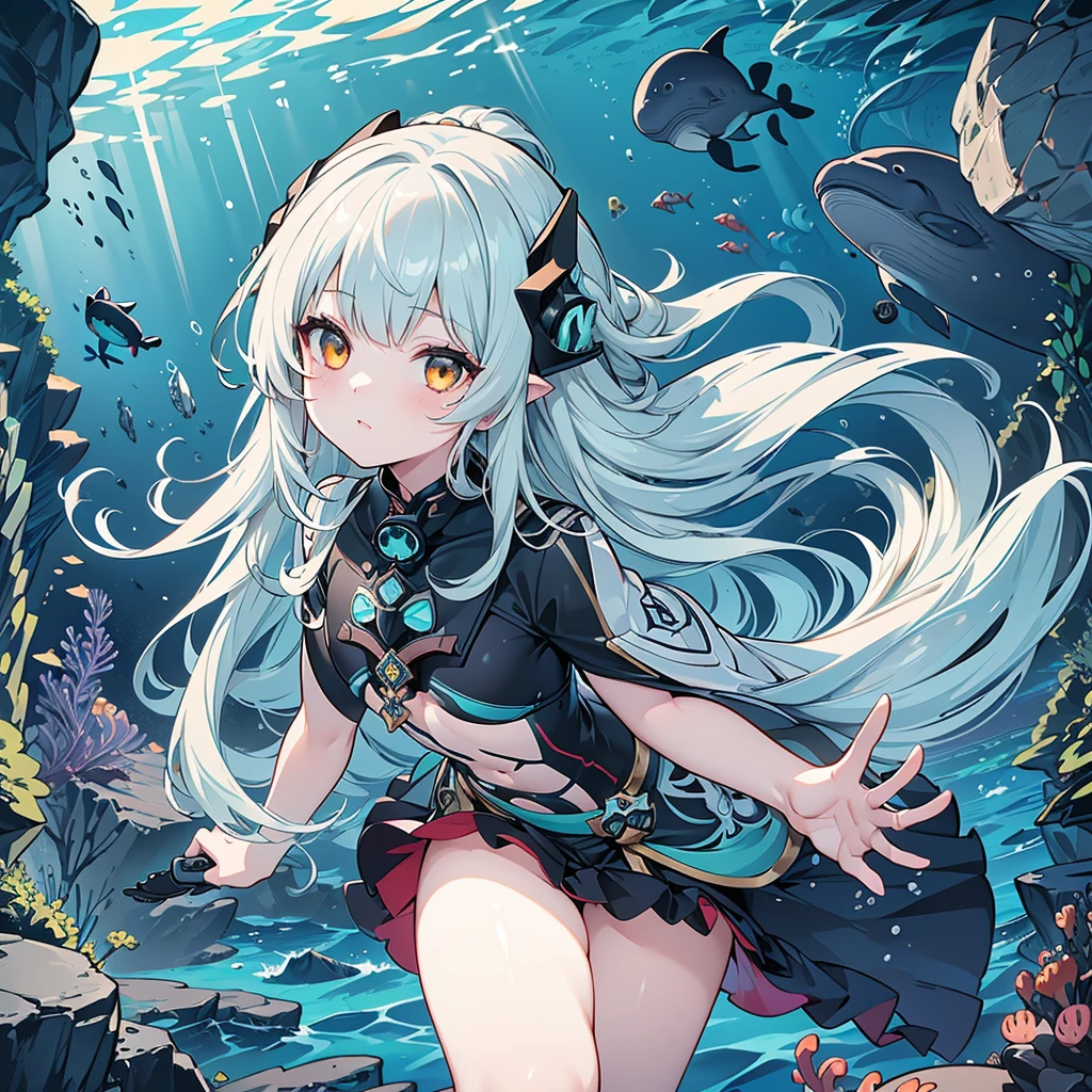 masterpiece, Highest quality, High resolution，Follow the on-screen instructions、Anime Style、Follow the prompts、One Girl、Long silver hair、Inside a cylindrical aquarium、Coral Reef、fish、Falling position、Extend your hands towards the water、On the way down to the bottom of the sea