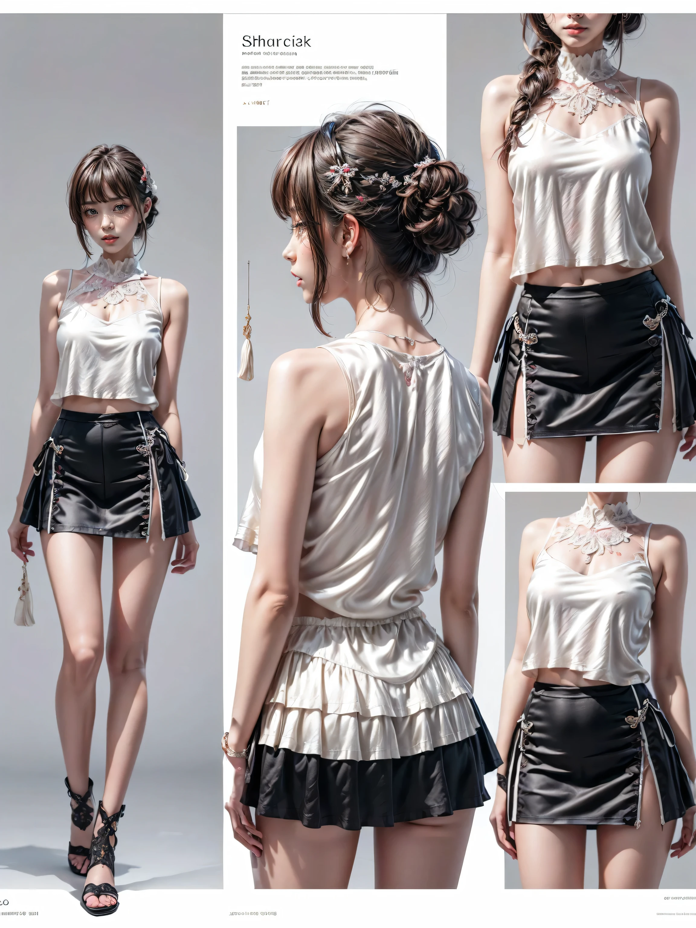 Realistic,(photorealistic Realism),(high resolution),((intricately detailed digital art)),((Create detailed design sheet)), (front view, side view, diagonal view),(elegant style clothes),((Create a detailed gallery of an exclusive short sleeveless T-shirt (White)short skirt),(Diagonal view,(gallery of three sets,(different cuts and finishes,short sleeveless T-shirt and short skirt),Intricate details)),(white silk), best quality, masterpiece, representative work, official artwork, professional designs,