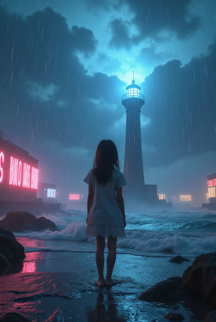 （A girl is standing with her back turned）、（A lighthouse stands in a rainstorm）、The fantastical world reflected in your eyes、(Beautiful fine details: 1.6)、(Best Quality, 8k, masterpiece), (Best Quality), (masterpiece)、The background is a futuristic illuminated by neon lights.、