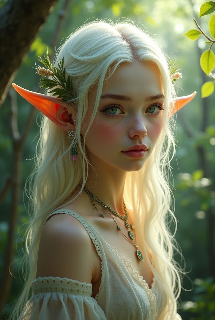a beautiful elf girl in a magical forest, detailed face and eyes, long hair, pointed ears, whimsical expression, magical aura, intricate forest scenery with glowing mushrooms, floating lights, (best quality,4k,8k,highres,masterpiece:1.2),ultra-detailed,(realistic,photorealistic,photo-realistic:1.37),fantasy,vibrant colors,dramatic lighting,digital painting