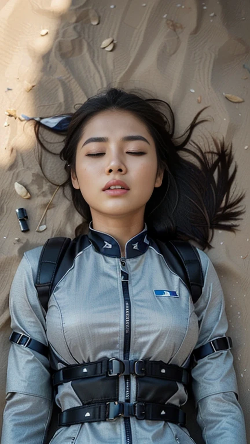 A young korean woman, Best image quality, Excellent details, Ultra-high resolution, (realism: 1.4), ((Cowboy Shot:1.2)), Best illustrations, Favorite Details, A very condensed woman, 2, Beautiful and delicate facial features, Perfect Proportions, ((From above)),((((Lie on your back on the ground, Close ~ eyes,defeat)))),Large Breasts, Chubby:0.4, ((A swollen belly like a perfect lips color)),((I like wearing racing suits and police uniforms, Black and grey mech, Military Harness)), The background is a military base