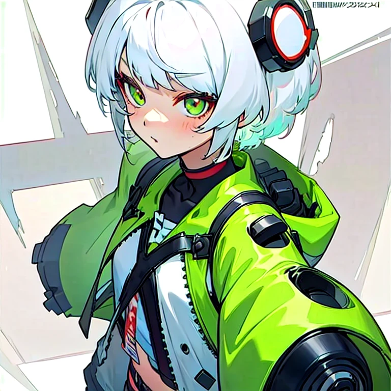 White-haired girl in green cotton jacket，Second dimension anime style