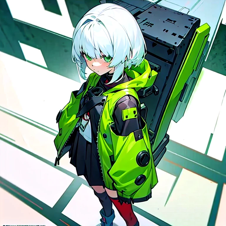 White-haired girl in green cotton jacket，Second dimension anime style