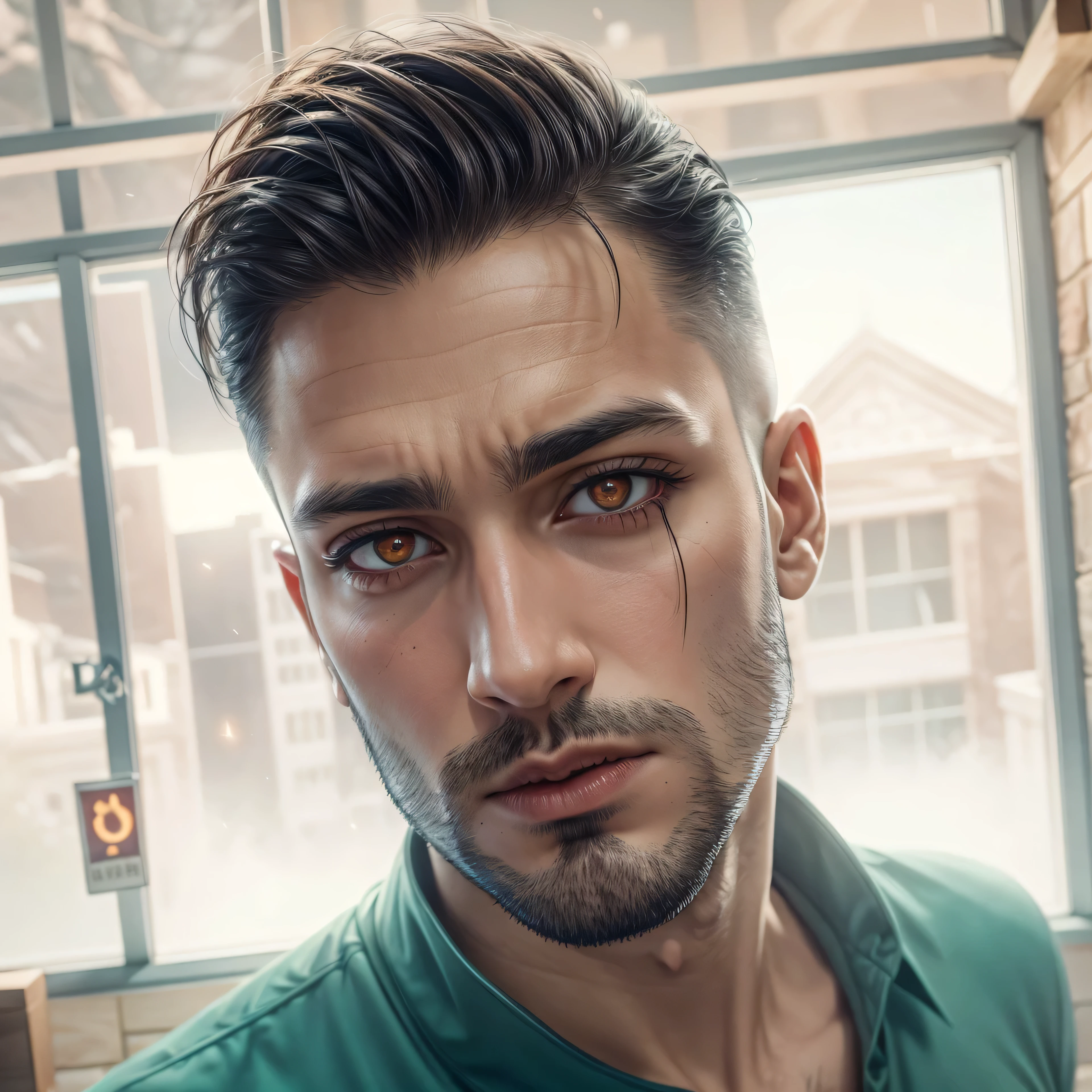 there is a man with a beard and a green shirt, one side haircut, modern haircut, combover, short beard, fashionable haircut, an afghan male type, about 3 , adar darnov, 3/4 profile, khyzyl saleem, shaved haircut, half shaved haircut, with a small beard, side parted combover brown hair(masterpiece),(vampire),(unrivalled quality:1.4), ultra-high resolution,hyperrealistic, dark fantasy portrait, (sharp focus:1.1), photo of a vampire,gothic horror vibes, Guweiz-style art, dark fantasy mixed with realism, gothic aesthetic, gothic art style,HalloweenGlowStyle,red eyes,black lips,bats, gothic architectural style, full moon, moonlight,clean face