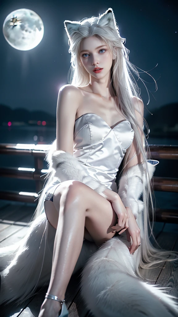 beautiful girl, Beautiful face, beautiful eyes, eye shadow, masterpiece, highest quality, (solo focus), (perfect face:1.1), (high detail:1.1), dramatic, 1guy, (pale skin), long white hair, white eyes, [light eyebrows], solo, long hair, moon, night, white luxury suit, covered navel, pouty lips, covered, futuristic city, detailed background, cinematic lighting, roses, fashion, bikini, white dress, moon, soft light, dark night, Old exterior lights, old town, old castle, cobblestone streets wet with rain, reflective road surfaces, Necked hips, stockinged legs, white high heels, Hands raised above the head, feet together, tied with ropes to a wooden cross,