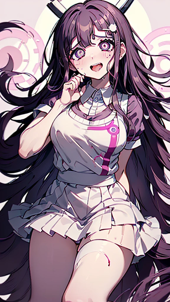 ((mikan tsumiki)),Long Hair,Purple Hair,(Purple eyes:1.1),bangs, blunt bangs,Patsun,((in danganronpa styles:1.4)), shy break (apron), bandageを巻かれた足,bandage,Collared shirt, miniskirt,(pink shirt), pleated skirt, puffy short sleeve, Puff sleeves,skirt,two-tone, White apron, White shirt,break ((nsfw:1.4)),break ((sitting on the bed:1.1)),(dark bed room),((dark room)),Spread your arms,Sleeveless, (Place your arms behind your head),
break (masterpiece:1.1),((High resolution:1.3)), Unity 8K Wallpapers,(Highly detailed face),(Perfect hands, Perfect Anatomy),embraced,((whirlpool eyes:1.5)),((vulgarity ahegao:1.5)),((messy hair:1.3)),((big eyes:1.5)),mental broken,(crazy smile:1.4),(evel grin:1.4),(aroused),((ecstasy:1.5)),hands own cheek,((((extremely vulgarity:1.5)))),(disappear:1.1),((white heavy breathing:1.5)),(in heat),((white thin steam:1.3)),((bold seductive:1.3)),(sweaty:1.2),(orgasm:1.5),((vulgarity face:1.5)),((pupils facing upwards:1.5)),(blush:1.5),(pussy juice:1.3),(slave),(peel the whites of the eyes:1.5),(pink glowing eyes:1.1),((pupils with many circles:1.5)),((drooling:1.4)),(open leg:1.3),((dynamic convulsions:1.3)),((white thin fog:1.3)),(ahegao smile:1.3)