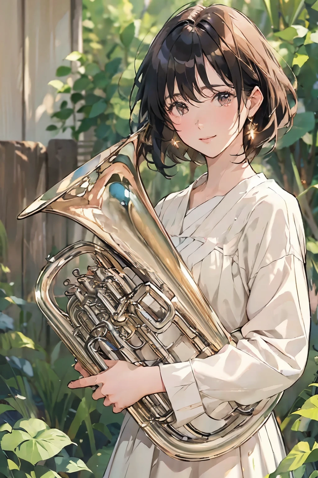 so beautiful, 1 person, (Playing the Euphonium:1.2), Alone, (Draw the Euphonium Shape Accurately:1.4)、standing、(From before)、smile、Beautiful and fair、Beautiful Skin、Glowing Skin, bright, A refreshing and gentle look, Perfect beautiful face、Beautiful shiny bangs, Small breasts，(Sargent Style Watercolor)、(Best Quality、masterpiece)、Soft light、(Lots of flowers)、Garden with fluttering petals、In-house botanical garden、