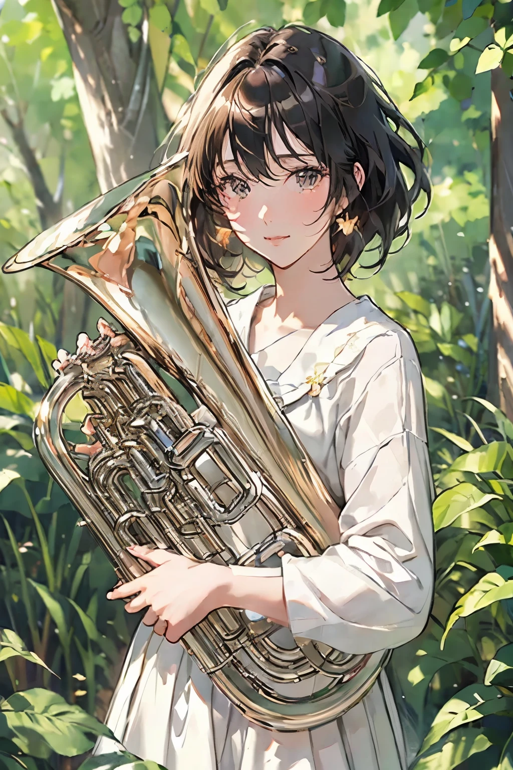 so beautiful, 1 person, (Playing the Euphonium:1.2), Alone, (Draw the Euphonium Shape Accurately:1.4)、standing、(From before)、smile、Beautiful and fair、Beautiful Skin、Glowing Skin, bright, A refreshing and gentle look, Perfect beautiful face、Beautiful shiny bangs, Small breasts，(Sargent Style Watercolor)、(Best Quality、masterpiece)、Soft light、(Lots of flowers)、Garden with fluttering petals、In-house botanical garden、