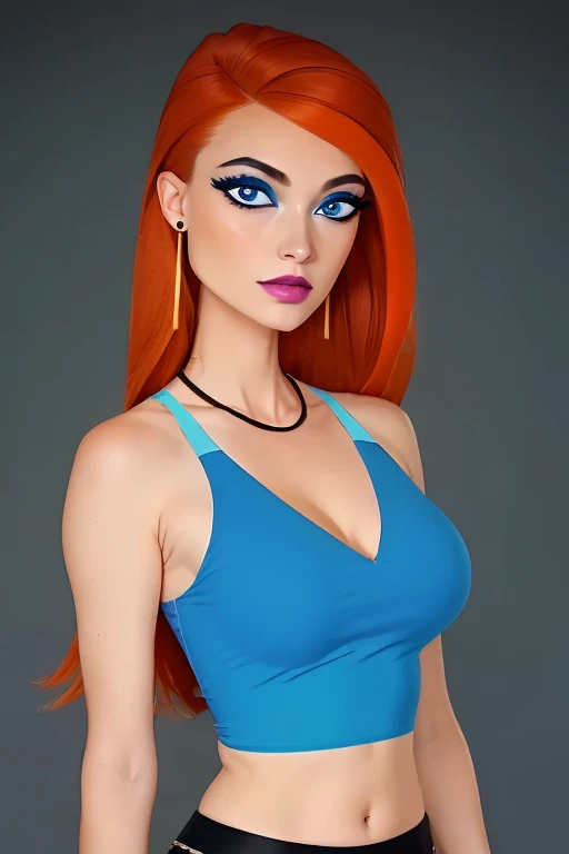 (extremely detailed 8K, high resolution, ultra quality),,    courtney_masterson, orange hair, jewelry, earrings, necklace, AS-YoungV2, cleavage, black leggings, light blue crop top, blue eyes, symmetrical eyes, perfect eyes