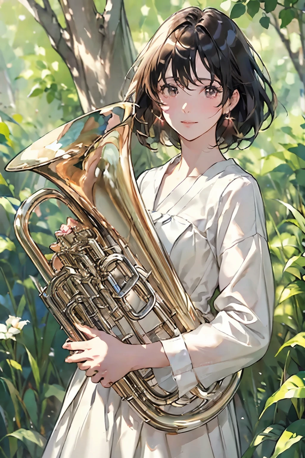 so beautiful, 1 person, (Playing the Euphonium:1.2), Alone, (Draw the Euphonium Shape Accurately:1.4)、standing、(From before)、smile、Beautiful and fair、Beautiful Skin、Glowing Skin, bright, A refreshing and gentle look, Perfect beautiful face、Beautiful shiny bangs, Small breasts，(Sargent Style Watercolor)、(Best Quality、masterpiece)、Soft light、Lots of flowers、Garden with fluttering petals、