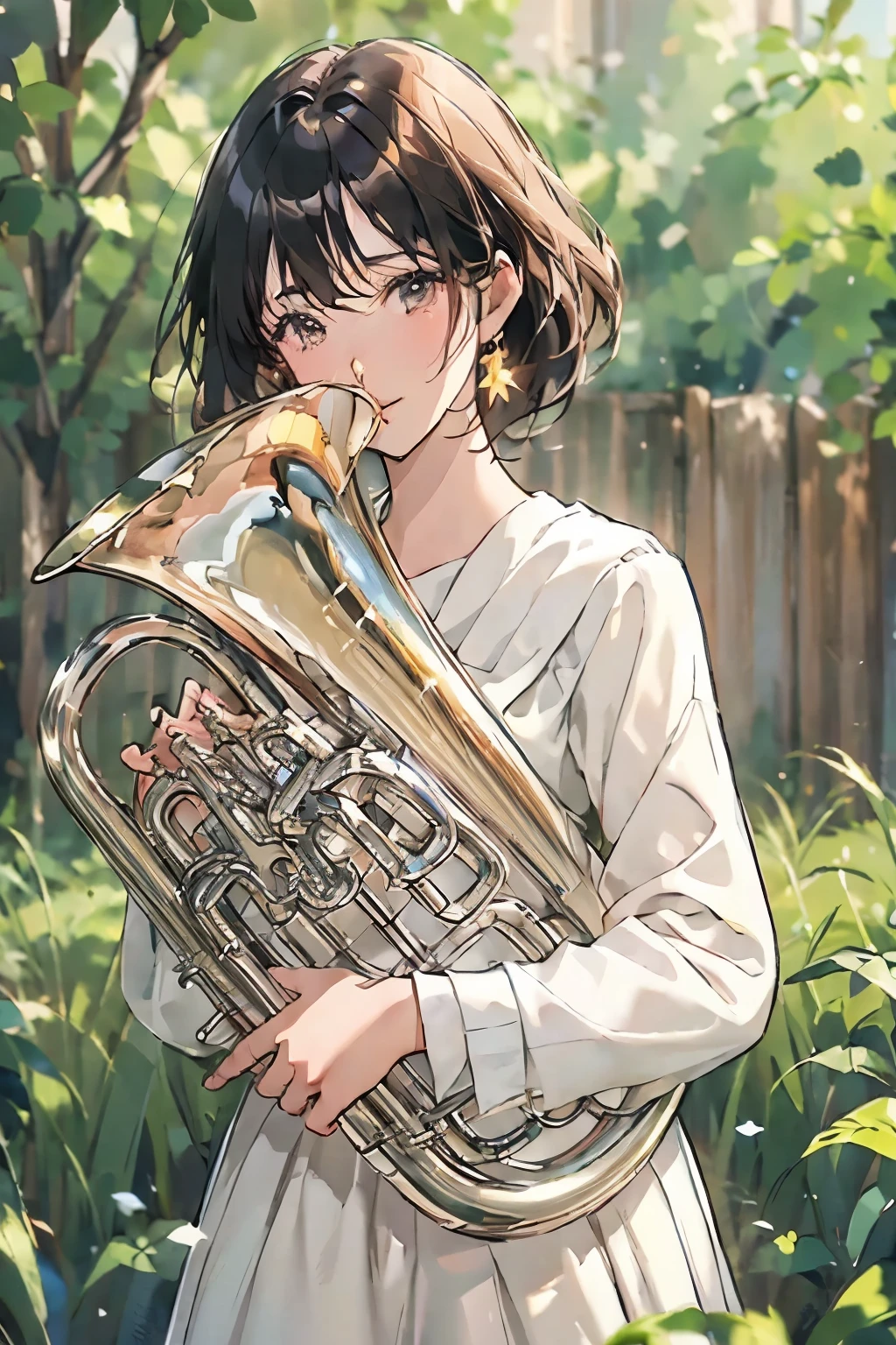 so beautiful, 1 person, (Playing the Euphonium:1.2), Alone, (Draw the Euphonium Shape Accurately:1.4)、standing、(From before)、smile、Beautiful and fair、Beautiful Skin、Glowing Skin, bright, A refreshing and gentle look, Perfect beautiful face、Beautiful shiny bangs, Small breasts，(Sargent Style Watercolor)、(Best Quality、masterpiece)、Soft light、Lots of flowers、Garden with fluttering petals、