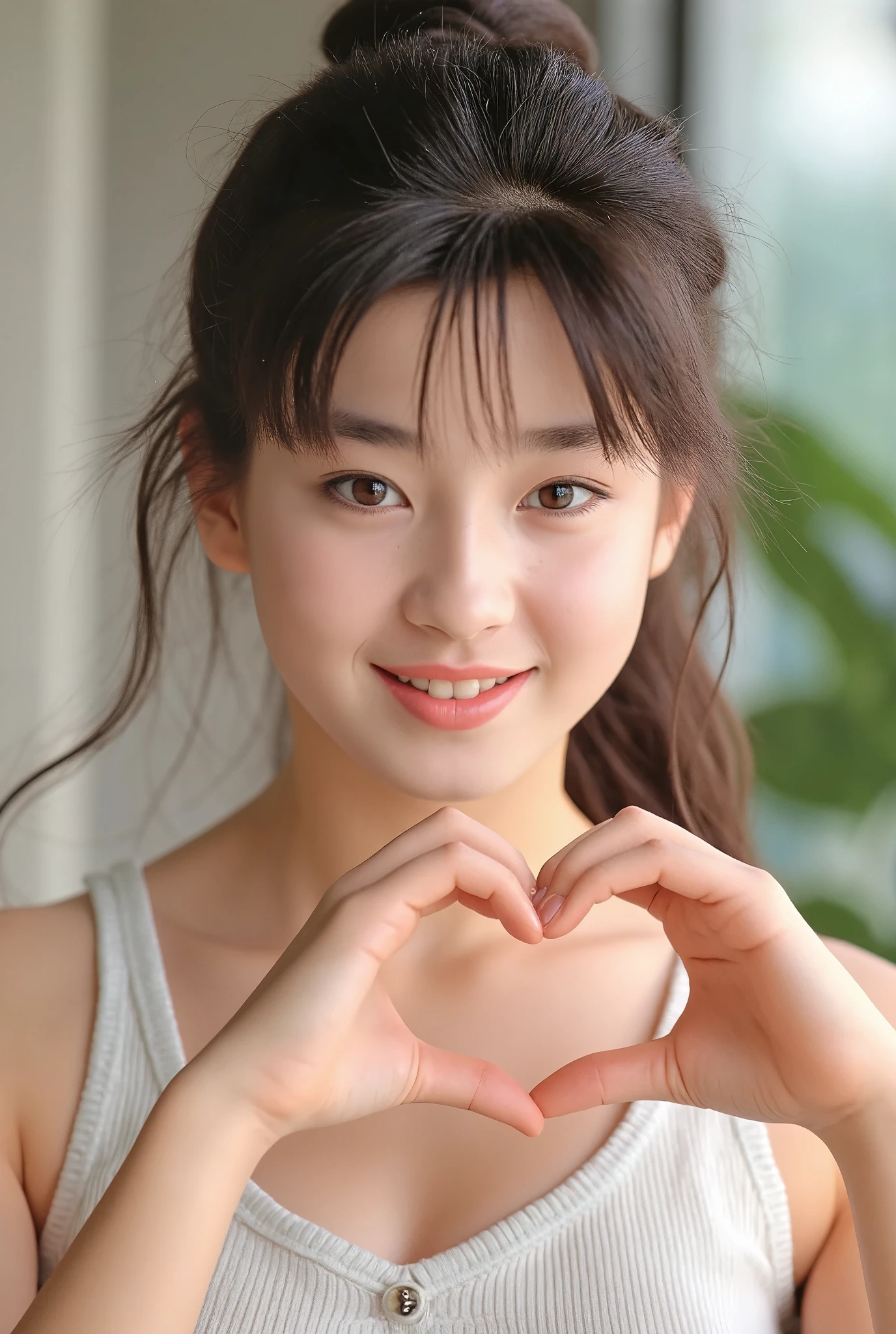High image quality, 32K, Extremely precise and accurate anatomy, masterpiece, Realistic, Very detailed, photograph, High resolution, ((Heart shaped hands:2.78, Cute Hairstyles)), Smoother light, Official Art, Written boundary depth, Bright light, Detailed face, ((smile:1.0)), Beautiful details in the eyes, Real textured skin, camisole