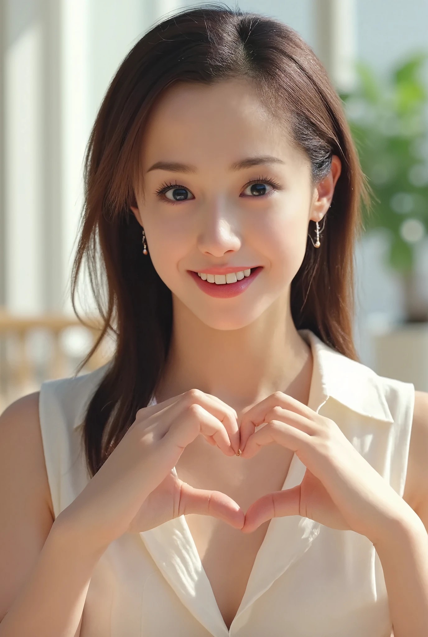 High image quality, 32K, Extremely precise and accurate anatomy, masterpiece, Realistic, Very detailed, photograph, High resolution, ((Heart shaped hands:2.78, Cute Hairstyles)), Smoother light, Official Art, Written boundary depth, Bright light, Detailed face, ((smile:1.0)), Beautiful details in the eyes, Real textured skin, camisole
