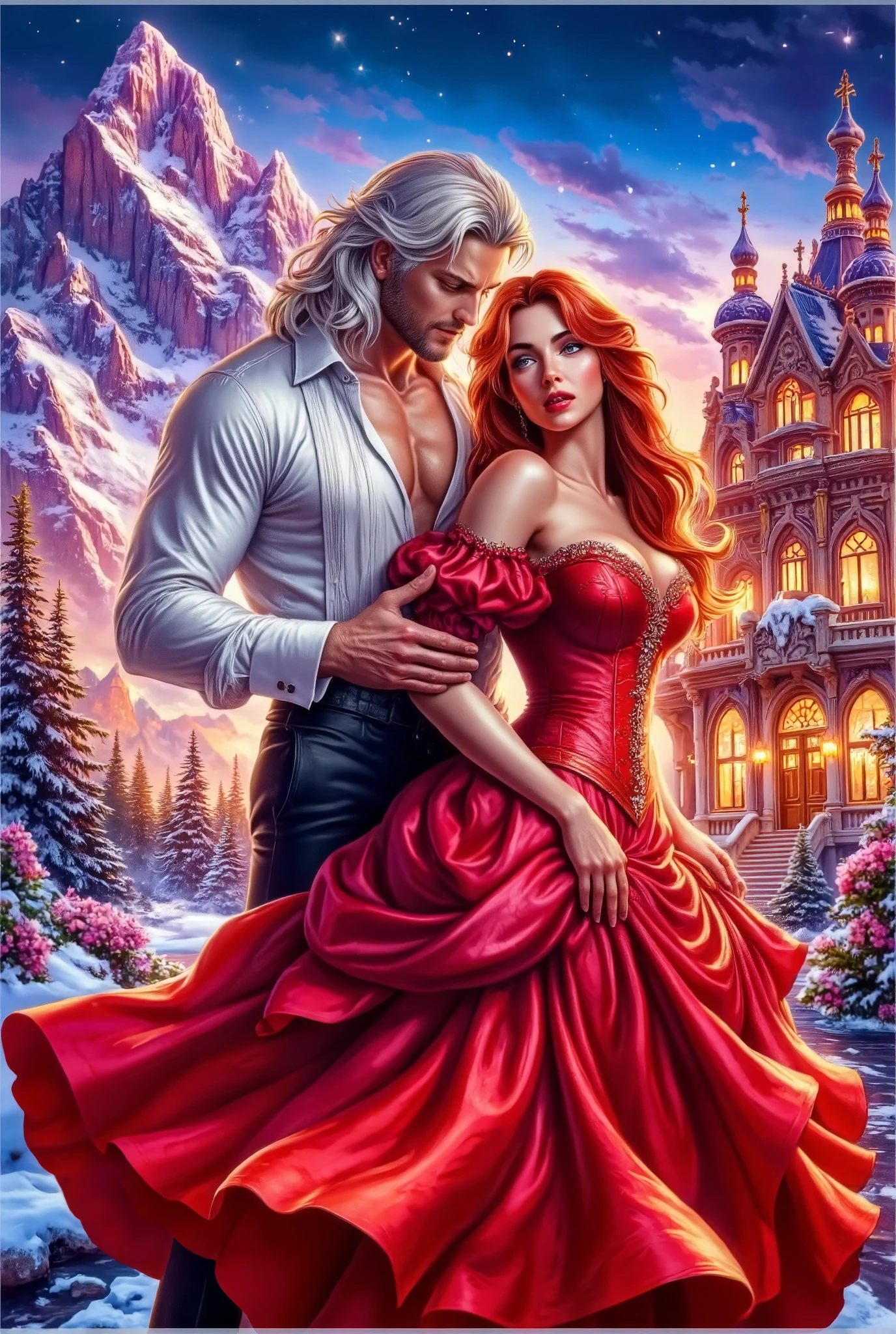 ultra hi-rez ULTRADETAILED colorful Digitalhyperphotorealisticart handsome broad-shouldered powerful prince 30 years old with long white hair (in a white shirt and black trousers) looks lovingly and puts his hand on the waist and shoulders of a beautiful embarrassed red-haired girl in a Victorian red shiny silk dress,on a fantastic background behind the expensive winter palace mountains.Beautiful Pose.Victorian clothing.textural,BRIGHT,the shine of gold and glass,glare,detailed hands fingers,perfect silky hairdetails,passionately,DETAILED HANDS AND FINGERS, ULTRADETAILED eyes and  FACES, PERFECT ANATOMY