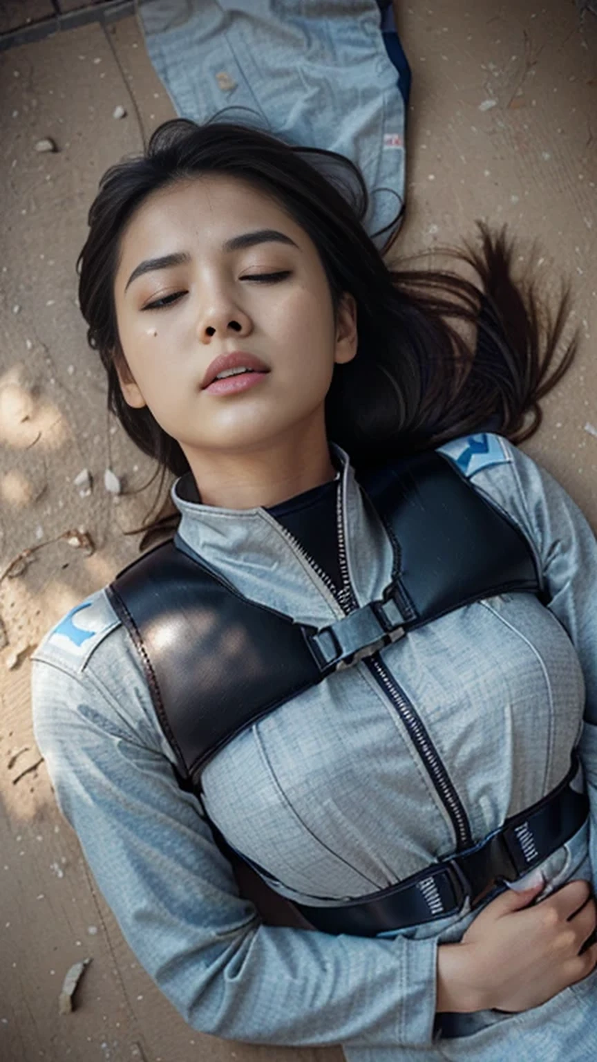 A young korean woman, Best image quality, Excellent details, Ultra-high resolution, (realism: 1.4), ((Cowboy Shot:1.2)), Best illustrations, Favorite Details, A very condensed woman, 2, Beautiful and delicate facial features, Perfect Proportions, ((From above)),((((Lie on your back on the ground, Close ~ eyes,defeat)))),Large Breasts, Chubby:0.4, ((A swollen belly like a perfect lips color)),((I like wearing racing suits and police uniforms, Black and grey mech, Military Harness)), The background is a military base