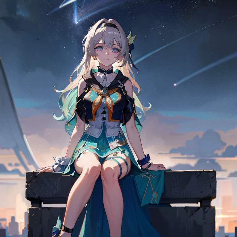 iridescent effect, feet raised, soles, soles in front, covered with soles, sitting, barefoot, mesh material costumes, nipple seals, complex and colorful effects on the background, space debris floating, background is outer space, background is mechanical space colony, natural luminescence, small, female brat, thick eyebrows, thin waist, pigtails, beautiful blonde, braids, (masterpiece), ((best quality)), ( super detail), girl, clean and detailed face, five fingers, textile shading, perfect anatomy,