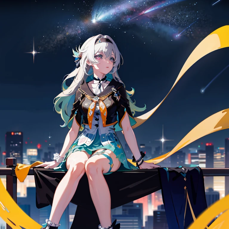 A woman sits on the windowsill of the city at night, trending at cgstation, trending on cgstation, Keqing from Genshin Impact, from girls frontline, girls frontline universe, A scene from the《azur lane》videogame, From Arknights, Chiba Yuda, author:Shitao, Middle metaverse