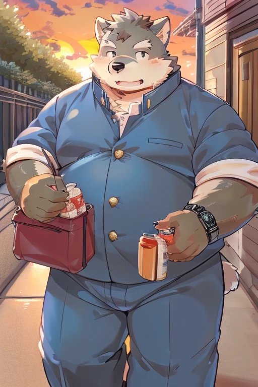 (Jiro Kishita、Moritaka)Weight gain、Being overweight、（（male））（（Dog and bear））、fur、Fluffy、cute、blush（（Wearing gakuran、Carrying a bag））（（Riverside road、On the way home、sunset、sunsetに向かって歩く、Watch the back)）