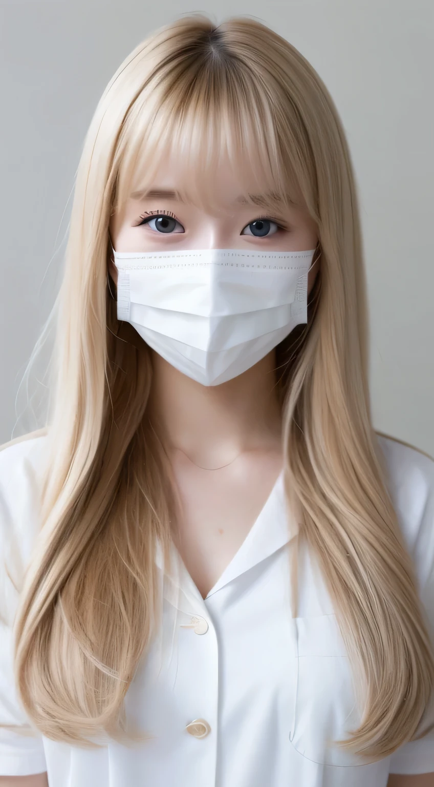 A young blonde medical worker wearing a mask、With bangs、Loose and fluffy hair、((Best Quality)), ((masterpiece)), (detailed),Perfect Face,Japanese,Female nurse,, Wear a nurse&#39;s uniform at the hospital, ，Portrait of a nurse, Beautiful nurse，Inside the hospital，