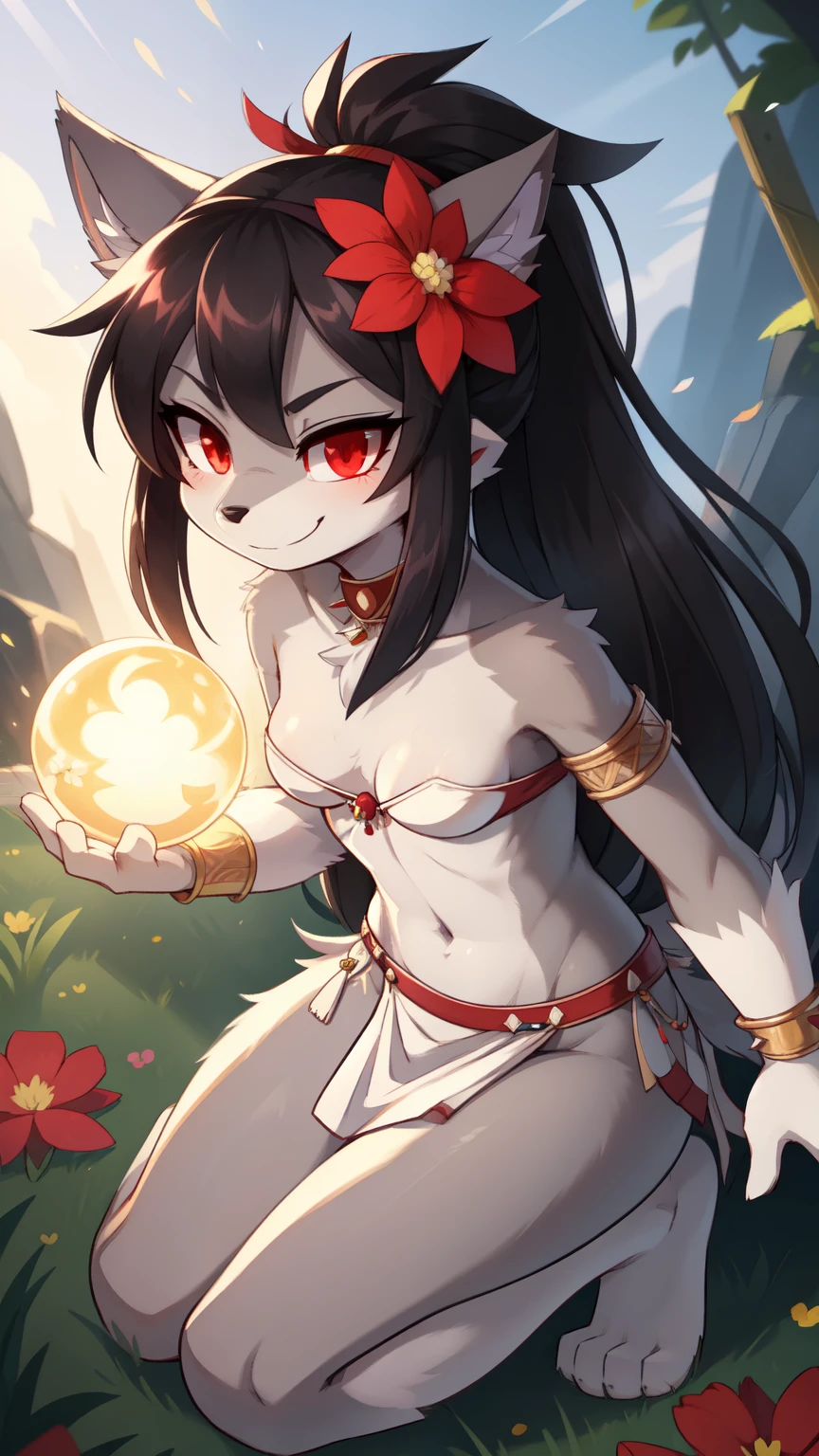 score_9,score_8_up,score_7_up, source_cartoon, source_furry, furry girl, wolf, black hair, punk hairstyle, huge long spiky ponytail, anime style, ((small breasts, flat chest)), red eyes, ((white strapless bra, white loincloth, tribal, jewels, flower on hair)), high quality, detailed body, detailed eyes, detailed face, masterpiece, glistening body, detailed body fur, best quality, two tone body, gray fur, clear gray fur, perfect lighting, perfect shadows, perfect eyes, perfect hair, perfect face, gorgeous body, skinny, glowing red eyes, motion blur, solo, smirk, thick outline, anthropomorphic, full body, feets with three toes, forming powerful nergy sphere between the hands, generating energy waves around, magic, Face has cracks and is emitting energy, 