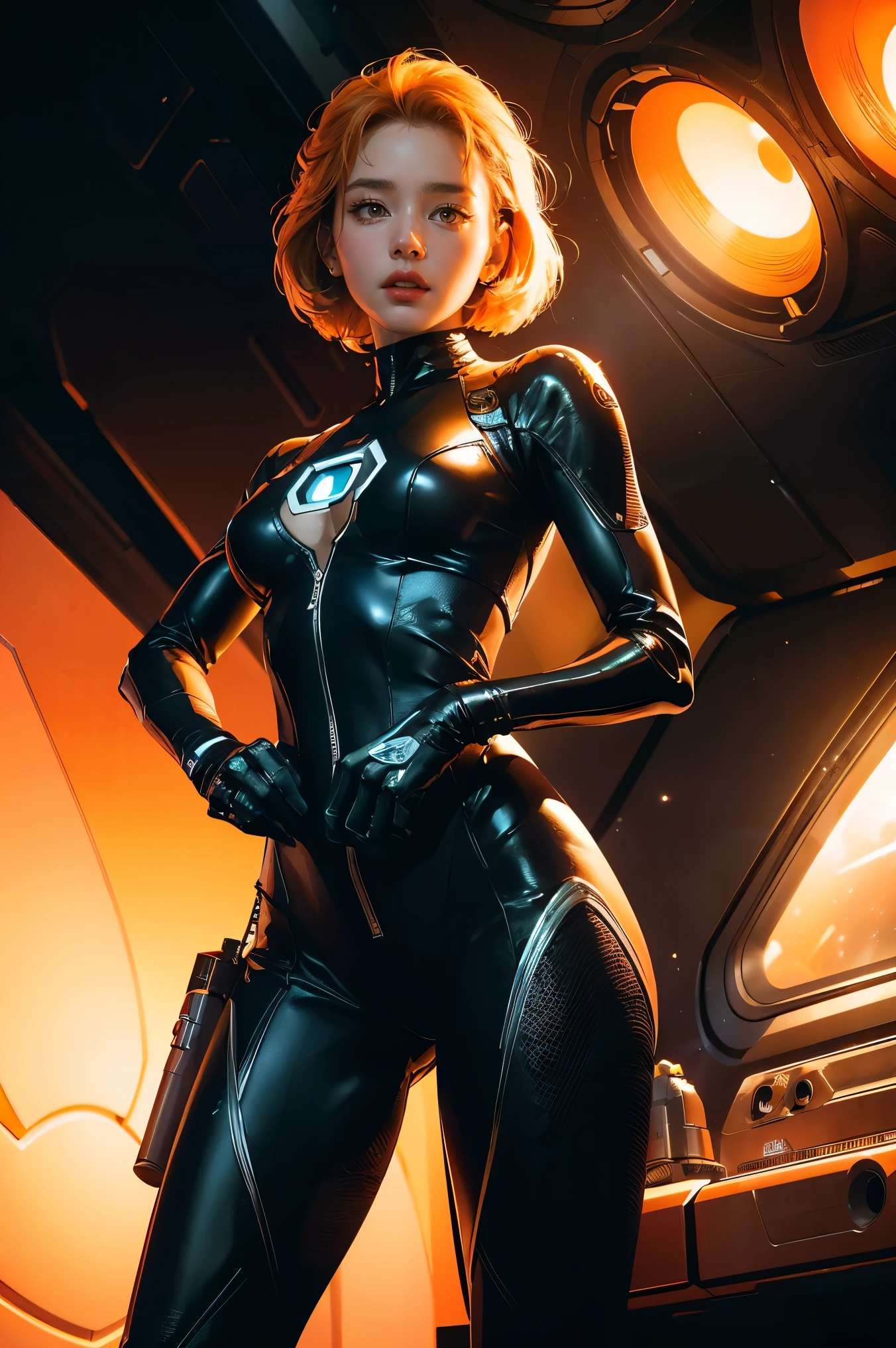 (best quality,8k:1.2,high resolution:1.2),ultra-detalhado,Realistic,retro science fiction female superhero,blonde short hair,rosto extremamente detalhados,long eyelashes,all sheer orange Collant de nylon Apertado,all sheer orange pantyhose,orange latex gloves, orange Glossy plastic accessories,Physically-based rendering,foco nítido,studio lighting