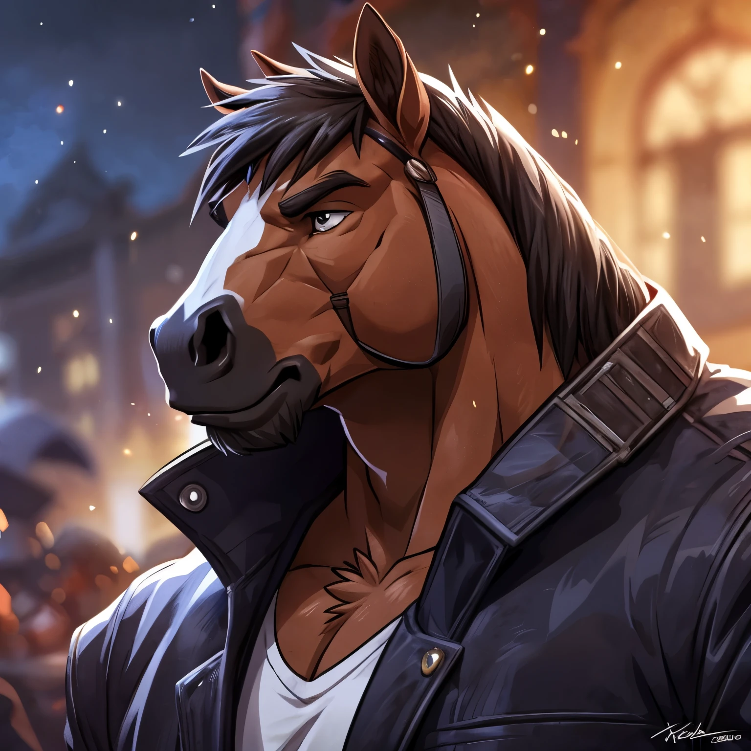 anthro horse, ((horse)) 4k, high resolution, best quality, posted on e621, solo, anthro body, male, adult, masculine, , correct anatomy, (icon), (blurry background, out-of-focus background:1.2), (by takemoto arashi:1.0), (by wfa:1), (by Taran Fiddler:0.5), young, (cel shaded, cartoony shading:1.2), black lineart, black outline, flat coloring, (strong shadows, dark shadows:1.2), dynamic pose, portrait, close up to face,