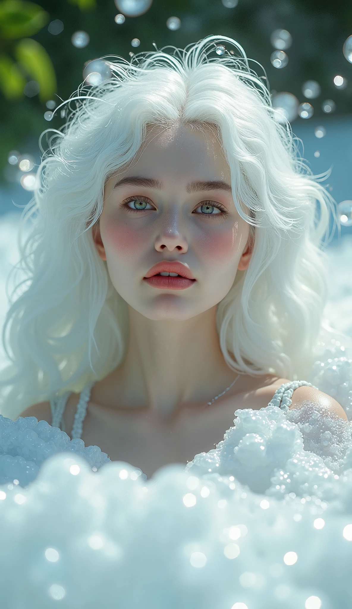 Hyperrealistic、Realistic、、Realistic photos、A woman emerges from the pure white foam、Russian girl、Foliage、Foamy hair、Green:0.1、(((Red cheeks and nose:0.1)))、Bubbles Background