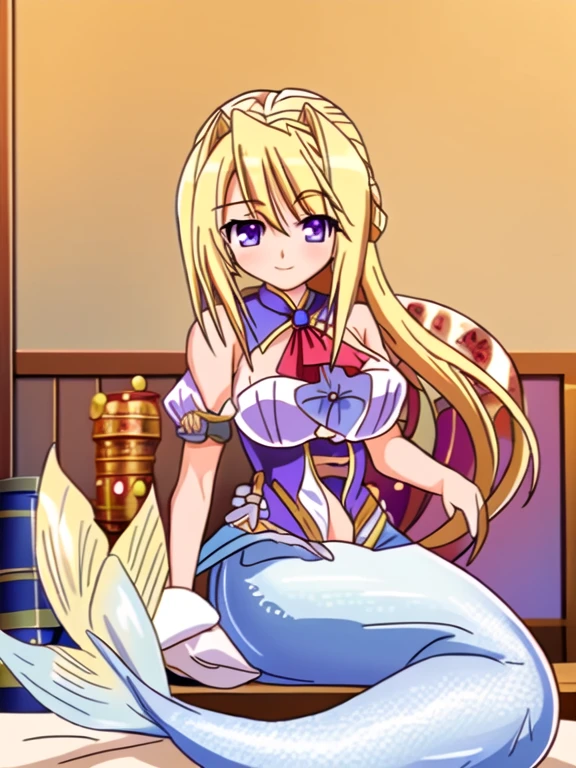 Fate mermaid Sylvia van Hossen シルヴィア・ファン・ホッセン | Princess Lover プリンセスラバー, tall, mature, long blonde hair, purple eyes, gigantic breasts, underwater sea, bubble airs, smile, red blush, looking at viewer,