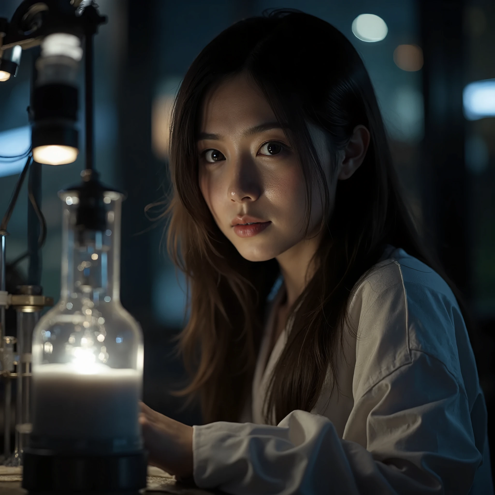 action photography of a east-asian woman as a (mad scientist),centered subject,shallow depth of field,natural light,at night,cinematic sensual,(close-up detail),shot on Leica SL2 with Leica APO-Summicron-SL 50mm f-2 ASPH 