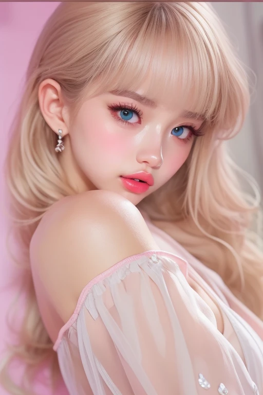 (detailed), studio lighting, hyper detailed, realistic portrait, Perfect Face.1 teenage girl, 、Blue eyes with well-defined double eyelids and long eyelashes, in the white girly dressroom backdrop, realistic face, detailed skin, ピンクblond long bob hair 、bangs covering forehead, extremely detailed lips, large mouth, full, plump, glossy light pink lips, natural-looking makeup, transparent lip gloss, with off-shoulder tops, photorealistic, ((Best Quality)), ((masterpiece)), high quality, 8k, masterpiece