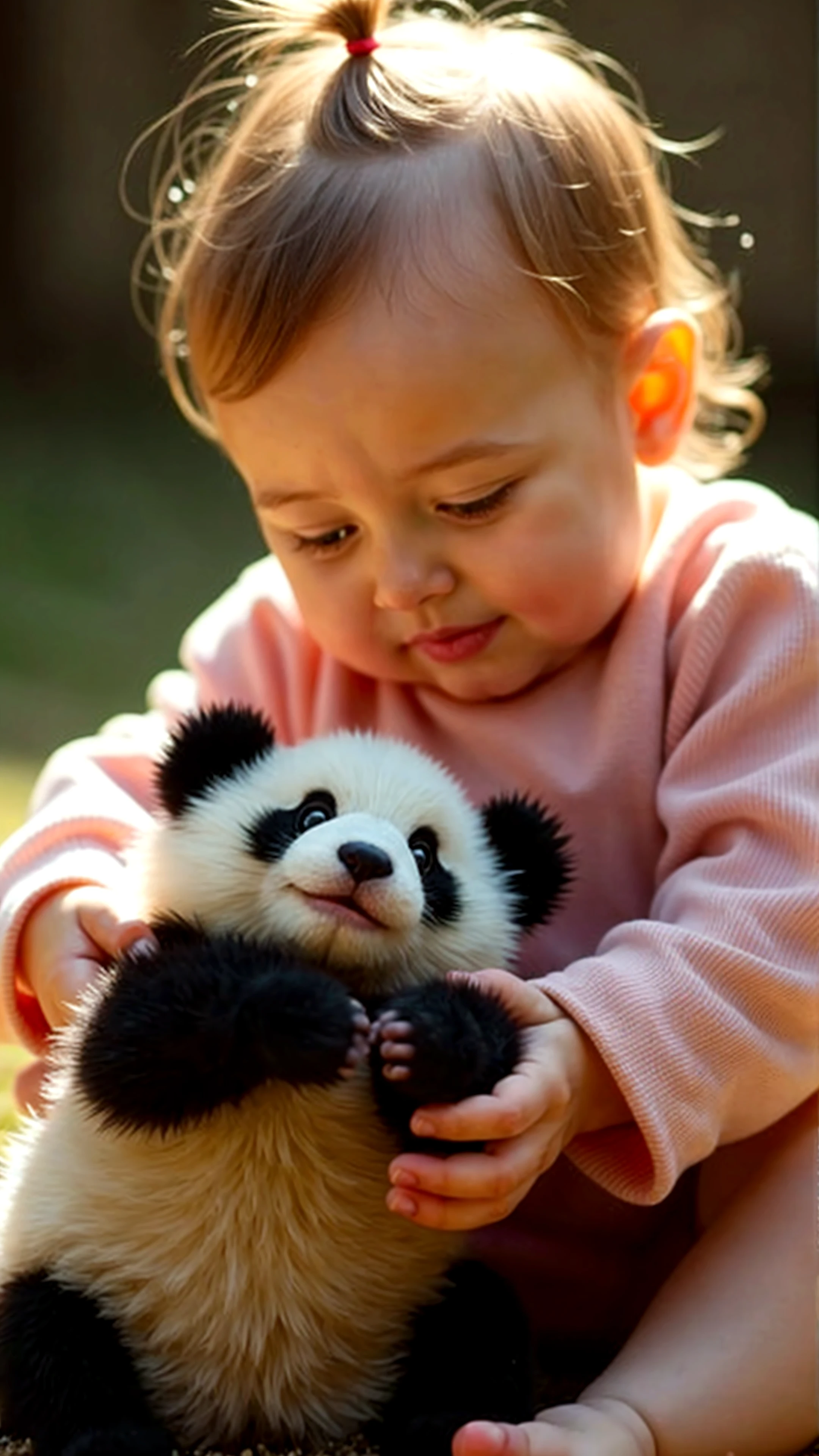 I'm glad you liked the story! Here are some image prompts for each scene:

Scene 1:
"A curious little baby, Emma, crawling through a sunny meadow, surrounded by vibrant flowers and towering trees."

Image prompt: A colorful illustration of Emma crawling, with a big smile on her face, amidst a lush meadow landscape.

Scene 2:
"Emma discovers a baby panda, Ping, in the meadow, with a surprised expression on her face."

Image prompt: A heartwarming illustration of Emma's face lighting up as she finds Ping, with the little panda looking up at her with big, round eyes.

Scene 3:
"Emma and Ping cuddle and play together in the meadow, surrounded by butterflies and wildflowers."

Image prompt: A whimsical illustration of Emma and Ping snuggled up, surrounded by fluttering butterflies and colorful wildflowers, with a bright sunshine in the background.

Scene 4:
"Emma and Ping go on adventures, exploring the meadow and chasing after butterflies."

Image prompt: A dynamic illustration of Emma and Ping running and laughing together, with butterflies leading the way, amidst a beautiful meadow landscape.

Scene 5:
"Ping's mother, a gentle giant, appears, and Emma introduces her to Ping, with a happy reunion."

Image prompt: A touching illustration of Emma, Ping, and Ping's mother reunited, with a warm and cozy atmosphere, showcasing their special bond.

Scene 6:
"The three spend their days together, exploring and playing, with a sunny meadow landscape in the background."

Image prompt: A joyful illustration of Emma, Ping, and Ping's mother enjoying a picnic or playing a game together, surrounded by a vibrant meadow landscape.

Feel free to use these prompts to create your own illustrations or visualizations of the story!