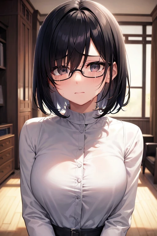 woman on top, vaginal sex, bottomless ,best quality,high resolution, Black Hair,Bobcut,1boy,Black-rimmed glasses
