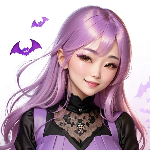 A smiling Asian woman in her 40s with long pink-purple-ash hair and a parted bangs that exposes her forehead, Yoshitomo Nara, Belle Delphine, Chiho, ayami kojima amano, Ayami Kojima, Cute natural anime face, Beautiful Japanese girl face, Narumi persimmon, Cute - Beautiful - Face, Real life anime girls,Ghost,Bats,Purple Halloween Background,Black lace turtleneck dress,witch,Don&#39;t show your breasts