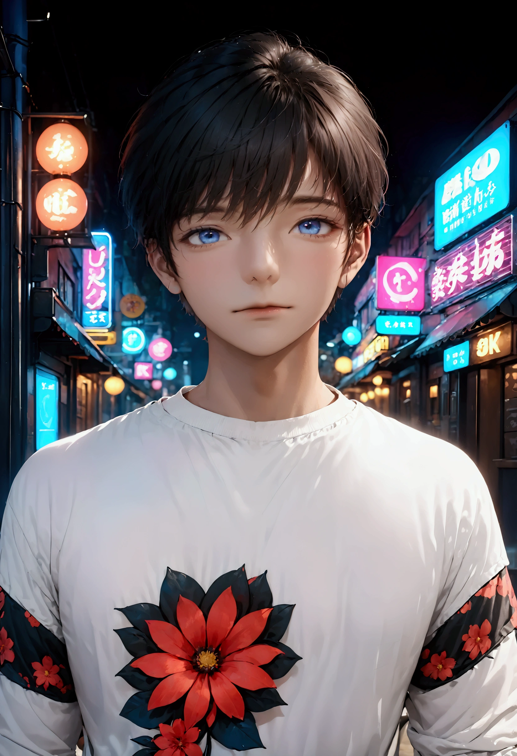 Outdoors, black mature male, wearing black and red floral shirt, wearing black dress pants, blue eyes, glowing eyes, short hair, grey skin, club environment, night, blue neon signs, 8k, Unreal engine, highly detailed, photorealistic,