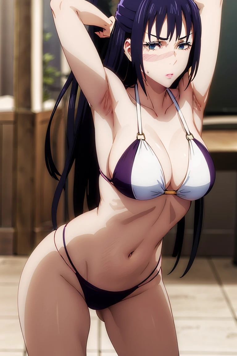 (WALLPAPER, masterpiece, 4k, anime style:1.9, front shot, drape body right, ( detailed wedding ceremony background, cowboy shot, looking at viewer, pointing at viewer, big breasts, big boobs, open mouth, high color saturation, bold lines, bold drawing lines, (strong arms, palm, flat belly, groin), detailed bold arm lines), (strong arms, waving goodbye, thick arms, hands down), strong light on body, plain, bare body, (large breasts, perky boobs), minimum clothing, taking off shirt, bare shoulders, off-shoulders, bare chest, polished nails, seductive, (very tight plain white transparent micro bikini, transparent bikini top only, wedding veil, white flower wedding tiara), no shirt, showing off), hinata\(boruto\), mature female, sunbathing, milf, (curvy:0.8), solo, (short hair, hime cut), (dark blue hair color:1.1), white, flat belly, perfect eyes, white sciera, white eyes, anime eyes, smoky eyeliner, eyeshadow, perfect face, shy, sharp focus, professional artwork, intricate details, colorful, vibrant colors, vivid colors, digital blending, ultra detailed body, ultra detail hair, ultra detail face, trending on pixiv, smile, happy, very hot colors, sunny day, outdoor,